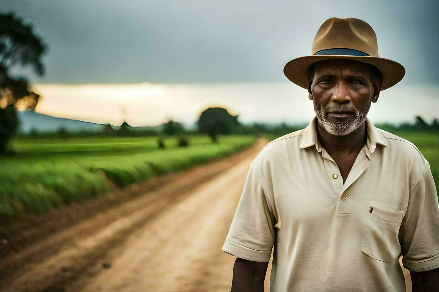 a man in a hat standing on a dirt road. AI-Generated photo