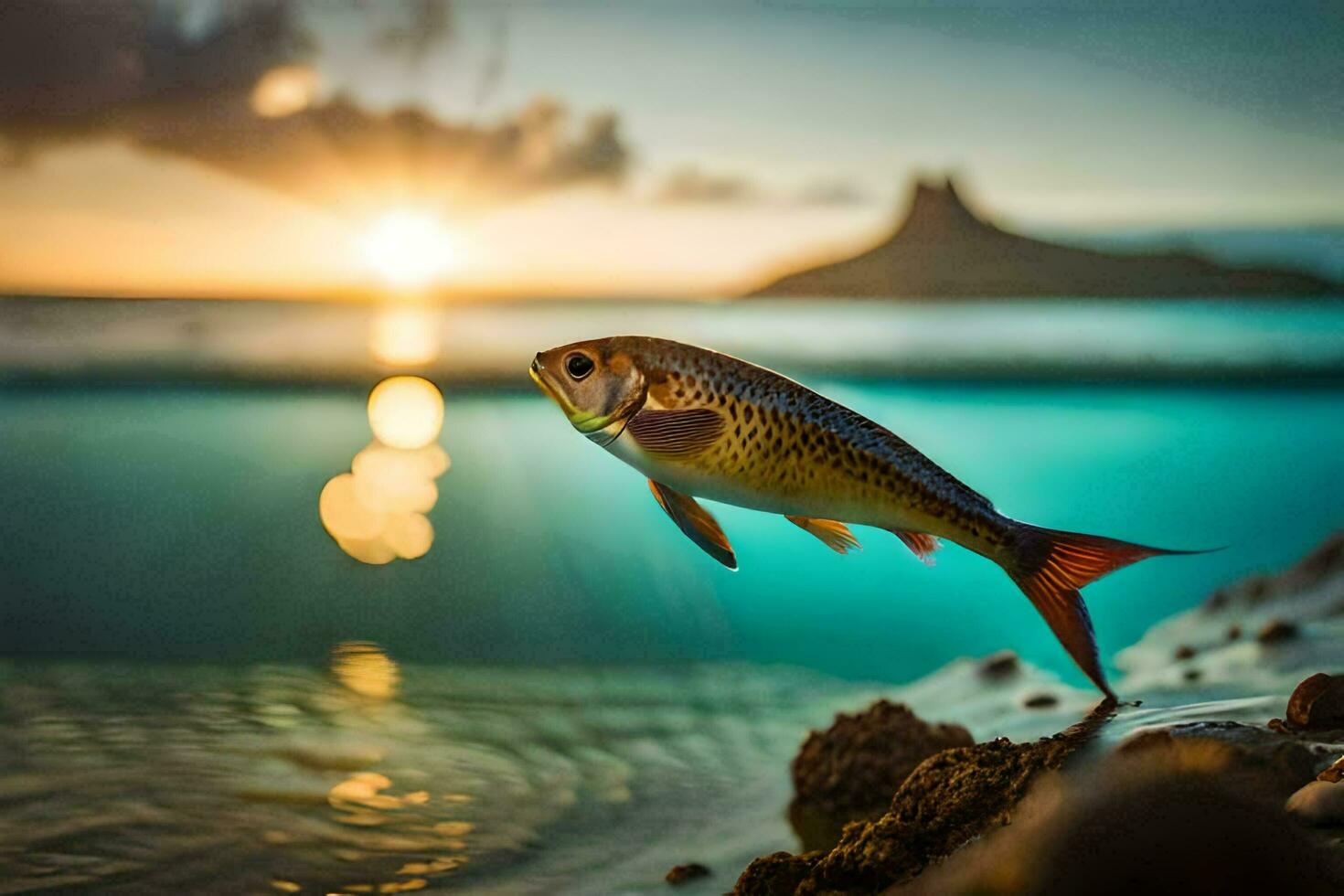 a fish is standing on the beach at sunset. AI-Generated photo