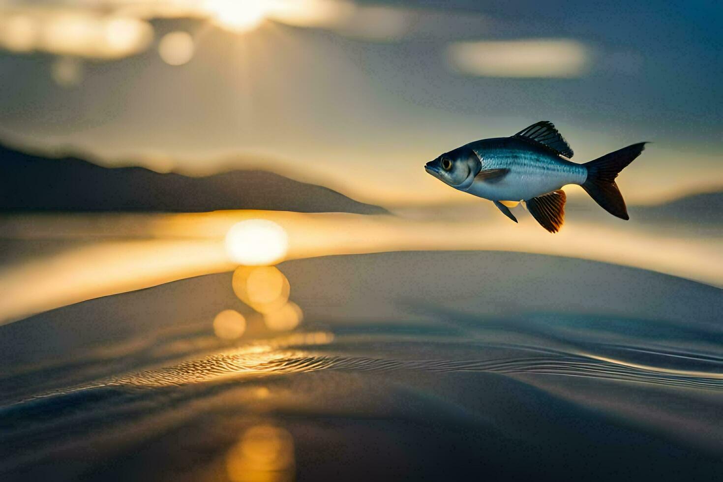 a fish is flying over the water at sunset. AI-Generated photo