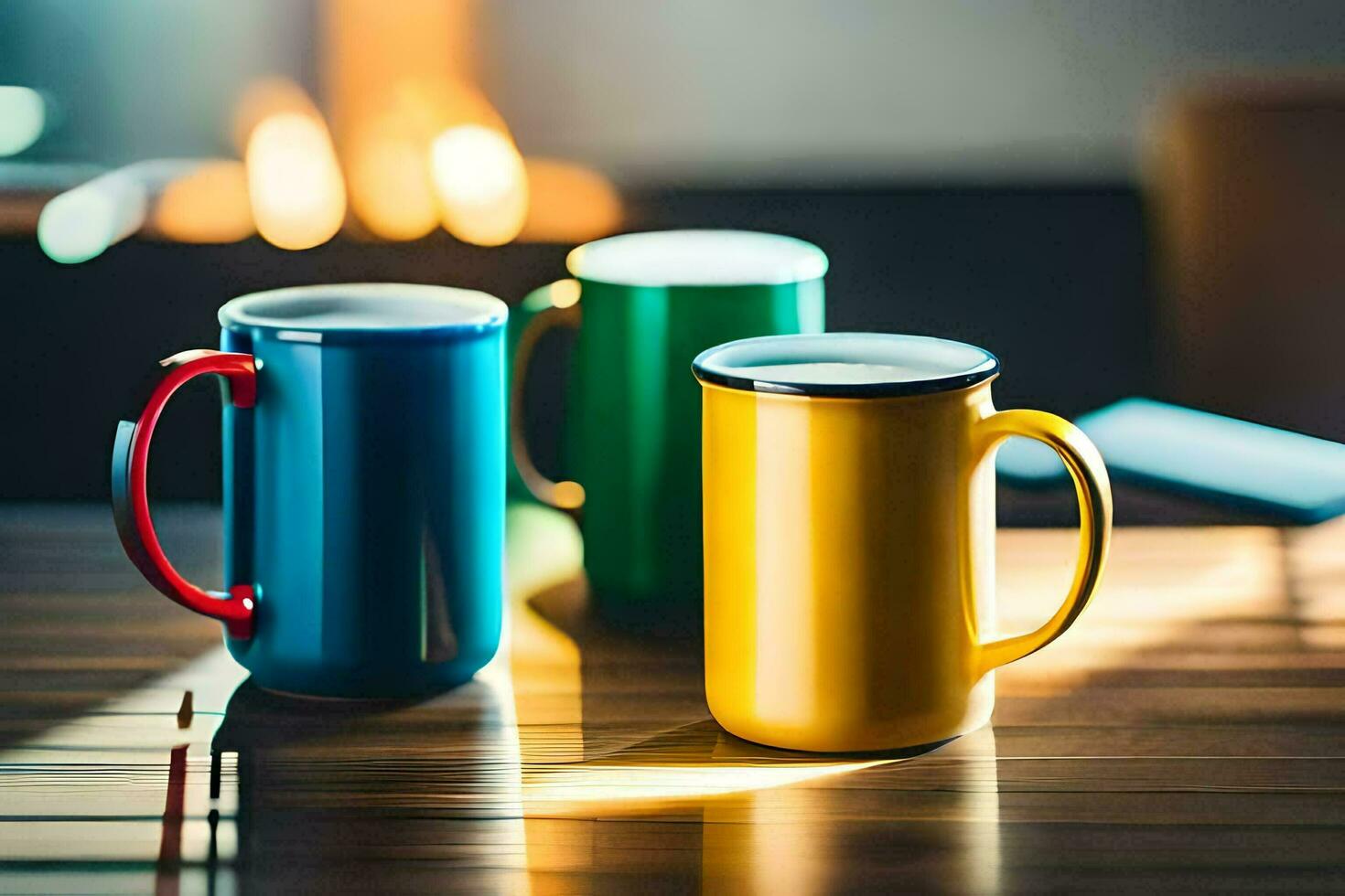 three colorful coffee mugs on a wooden table. AI-Generated photo