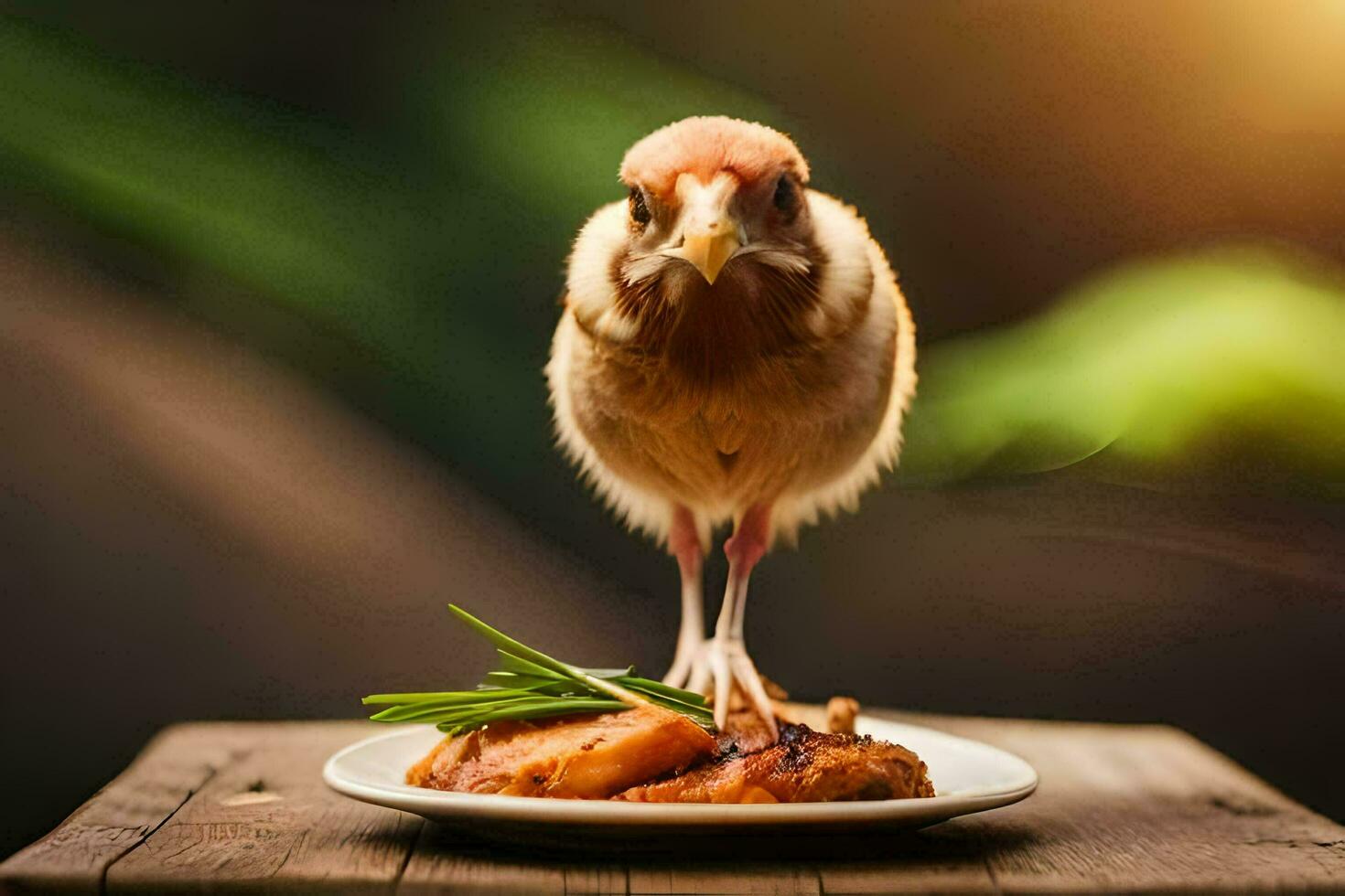 a chicken standing on a plate with a piece of meat. AI-Generated photo