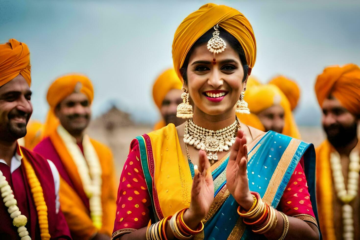 a woman in a turban and gold jewelry. AI-Generated photo