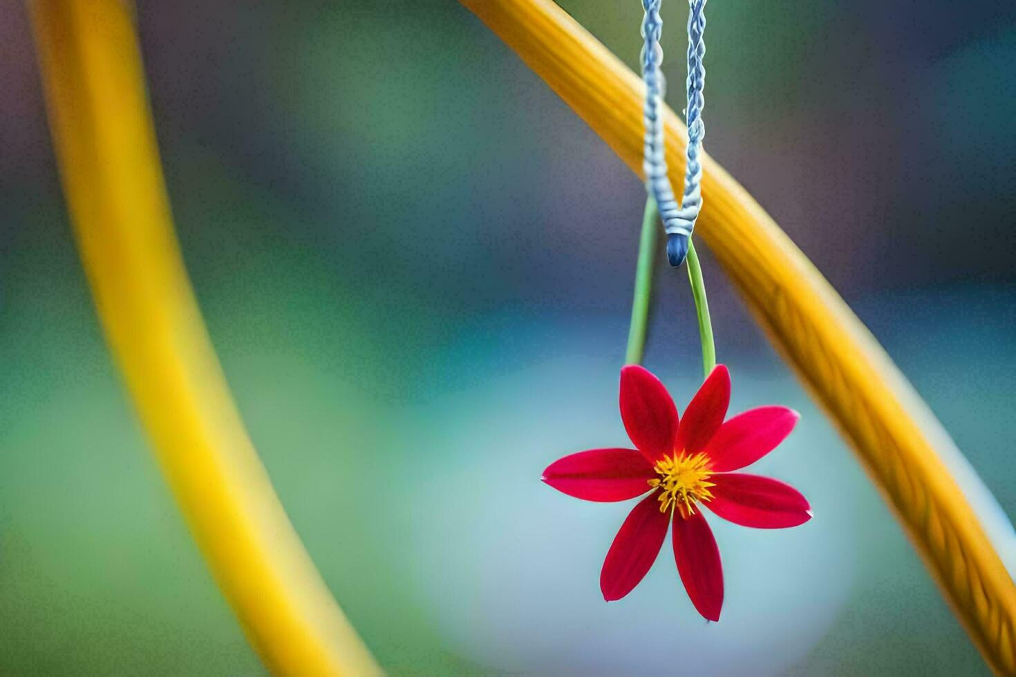 a red flower is hanging from a yellow wire. AI-Generated photo