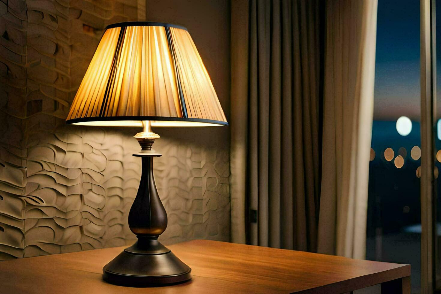 a lamp on a table in front of a window. AI-Generated photo