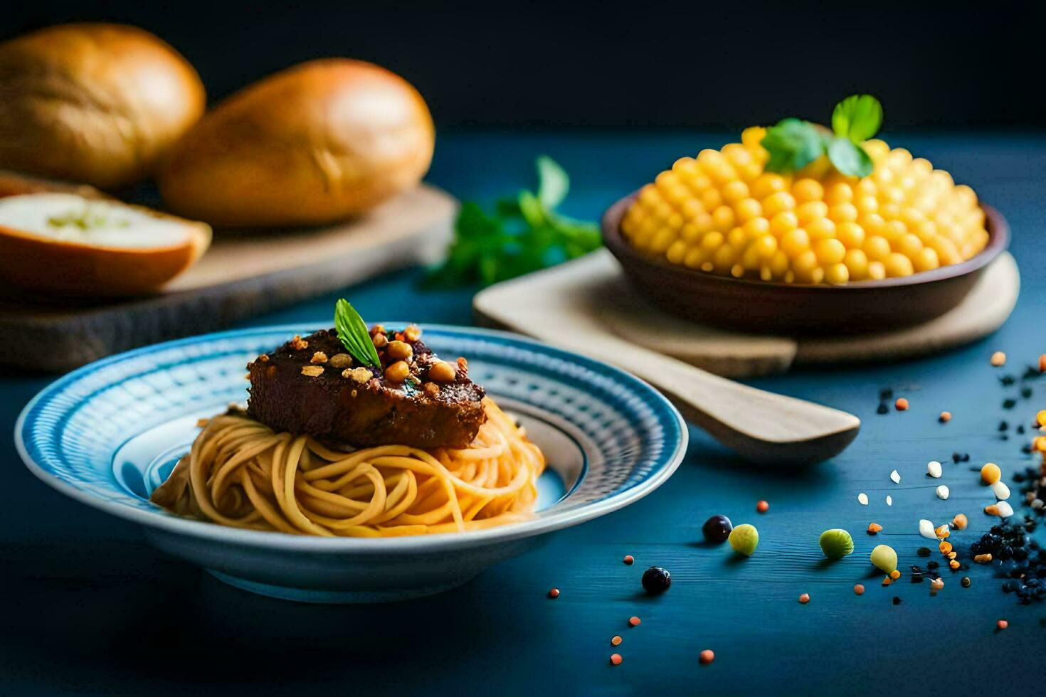 spaghetti with meat and corn on a blue table. AI-Generated photo