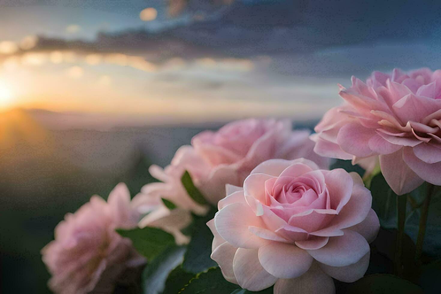 rosado rosas son en el primer plano de un puesta de sol. generado por ai foto