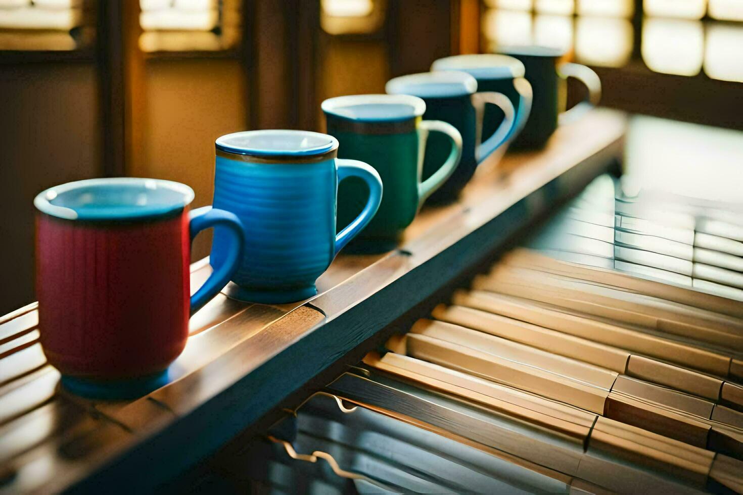 colorful coffee mugs lined up on a wooden table. AI-Generated photo