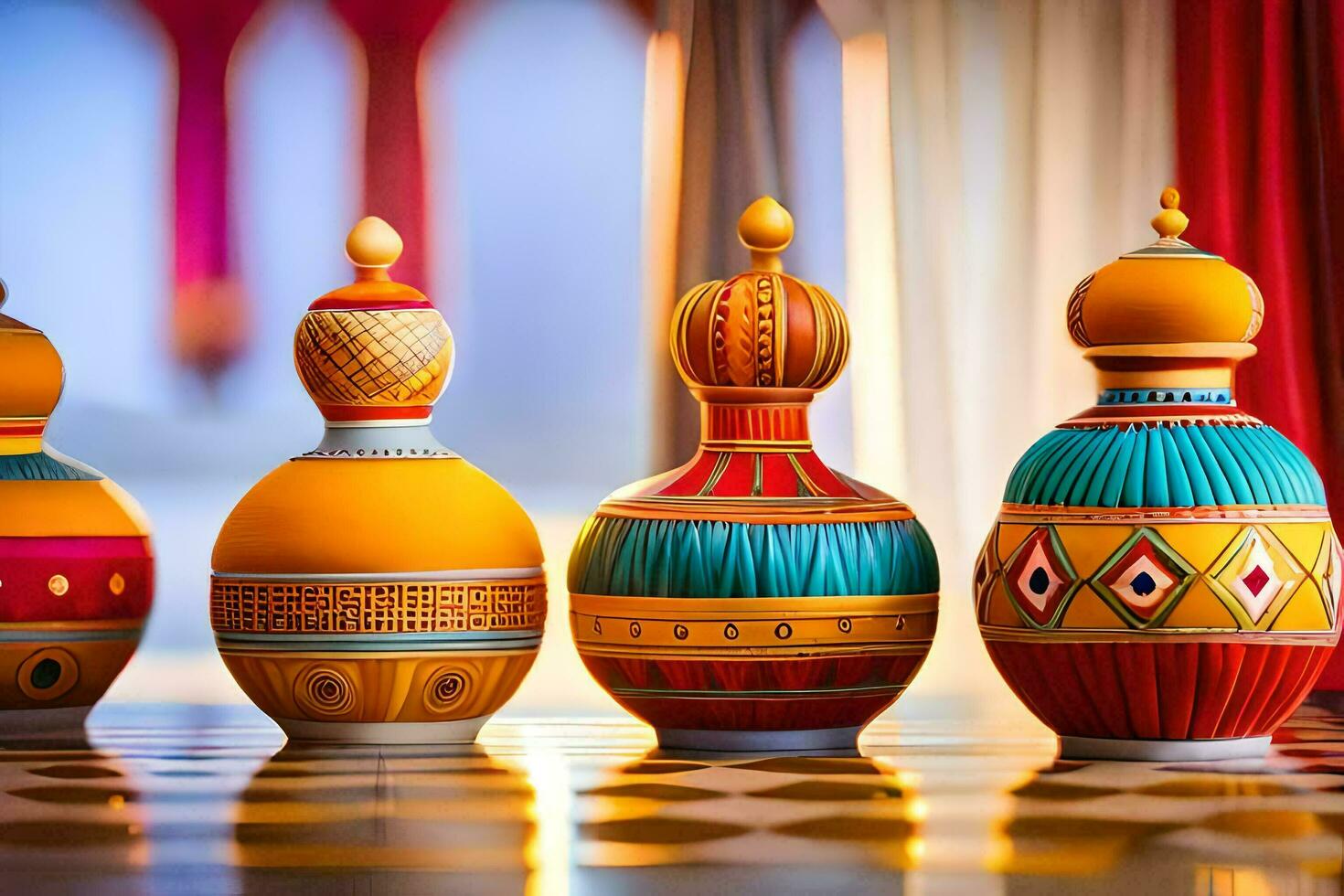 five colorful vases are lined up on a table. AI-Generated photo