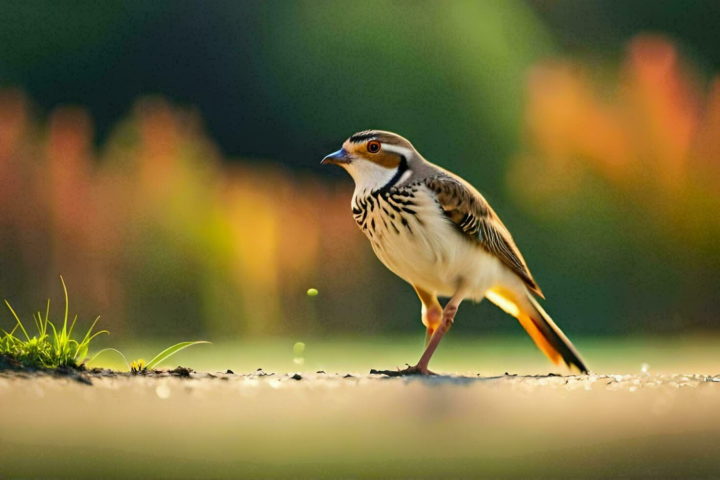 a bird standing on the ground in front of grass. AI-Generated photo