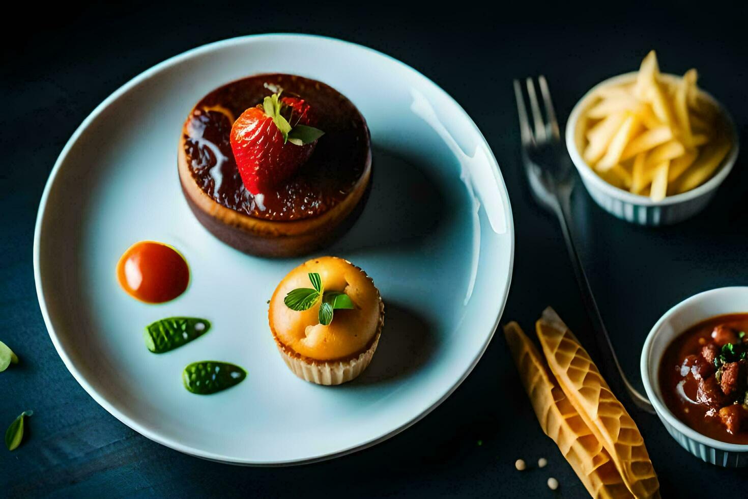 a plate with a dessert, a cup of coffee and a bowl of chips. AI-Generated photo