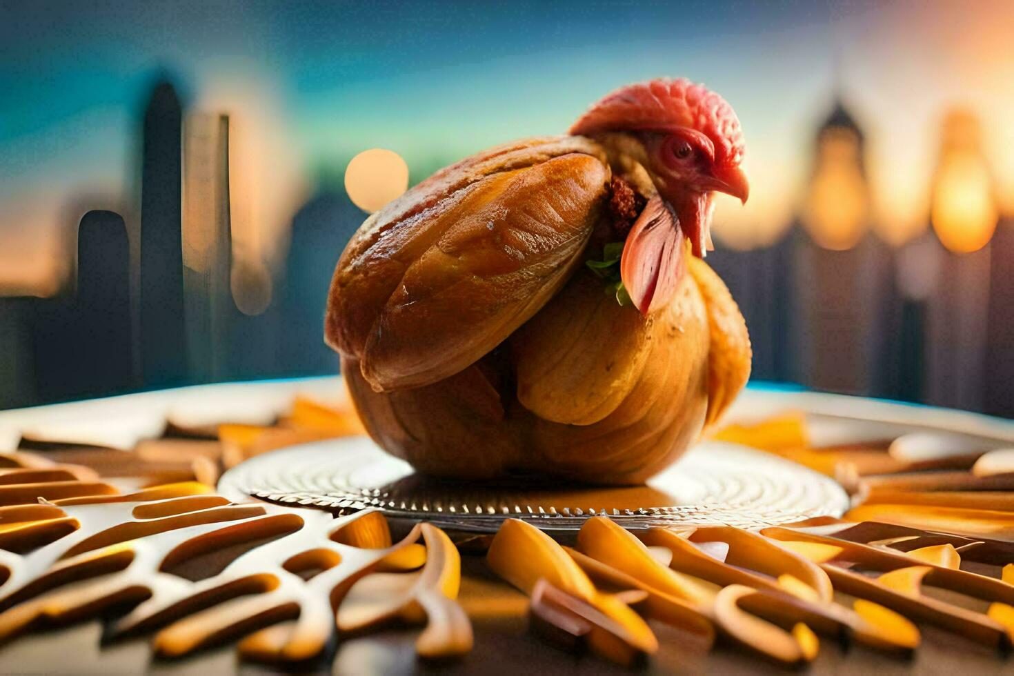 a chicken is sitting on top of a plate with a cityscape in the background. AI-Generated photo