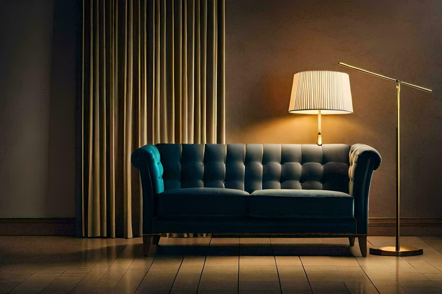 a blue couch and lamp in a room. AI-Generated photo