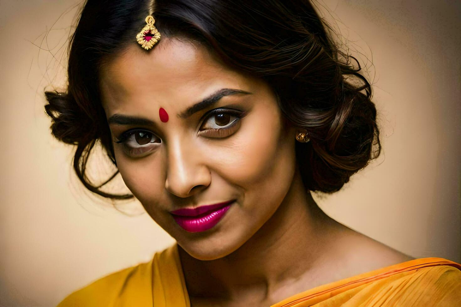 an indian woman in a yellow sari. AI-Generated photo