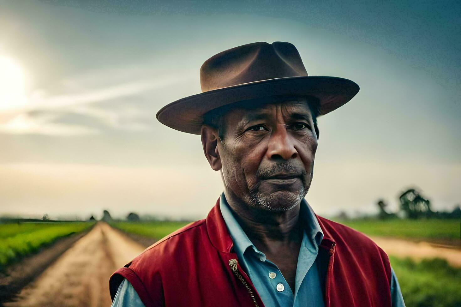a man in a hat stands in a field. AI-Generated photo