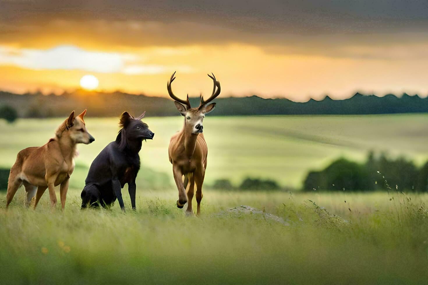 Tres ciervo y un perro en un campo a puesta de sol. generado por ai foto