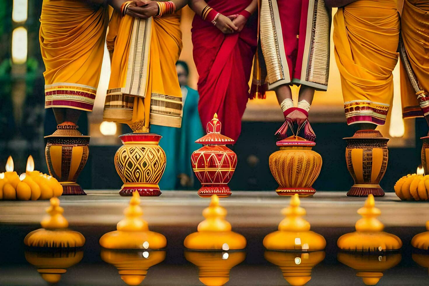 indio Boda ceremonia con velas y lámparas generado por ai foto