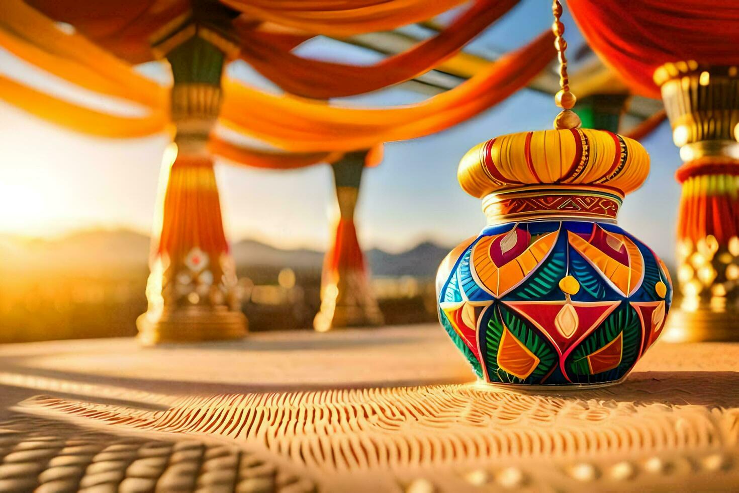 a colorful pot on a table with a curtain. AI-Generated photo