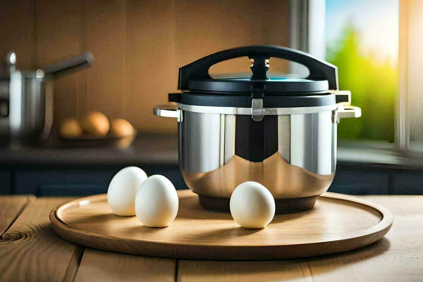 an electric pressure cooker with four eggs on a wooden tray. AI-Generated photo