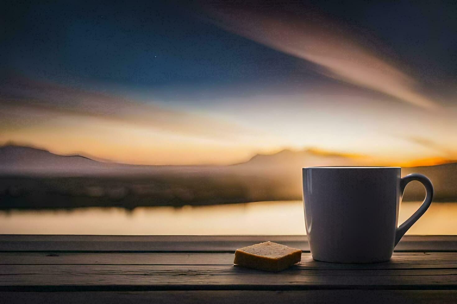 café jarra en el mesa, montañas, amanecer, hd fondo de pantalla. generado por ai foto