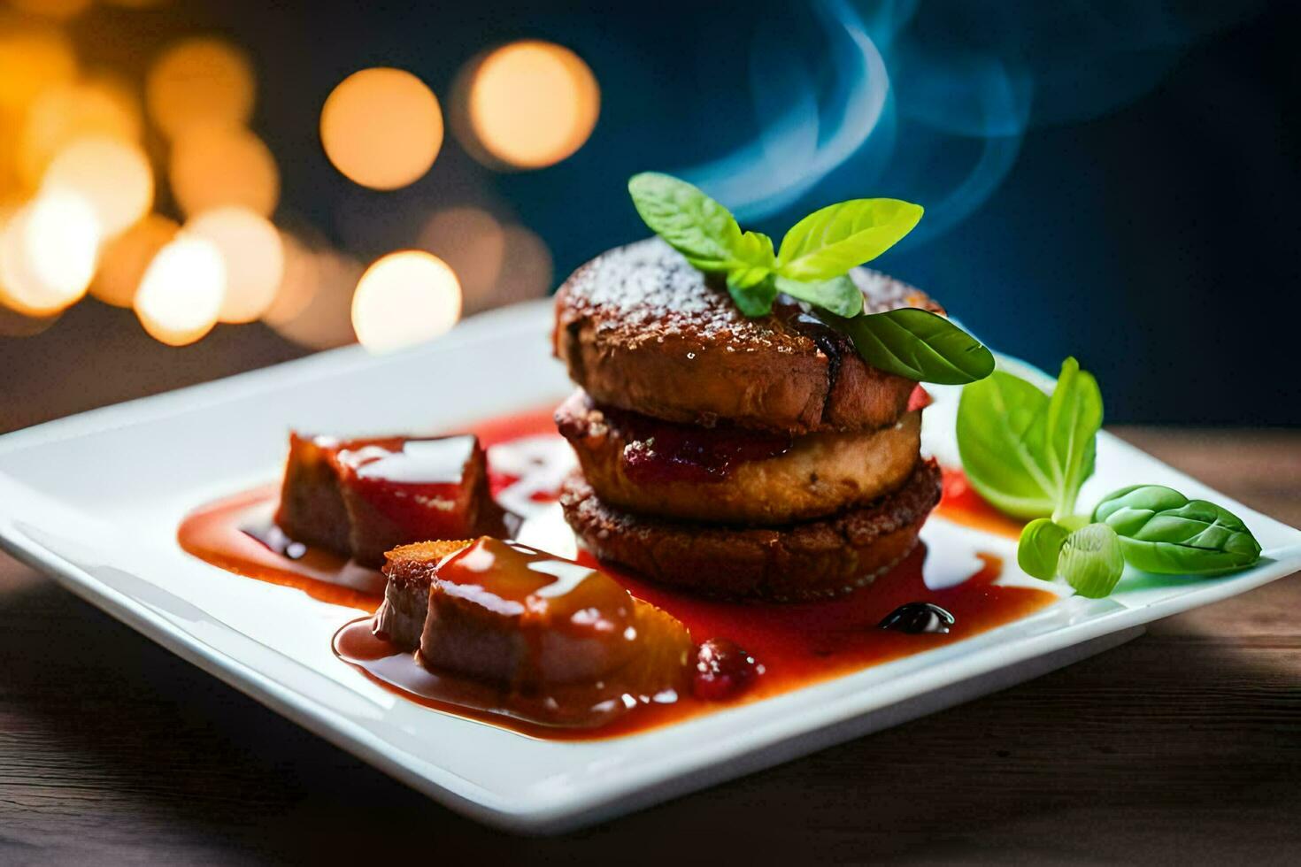 a plate of food with sauce and meat. AI-Generated photo