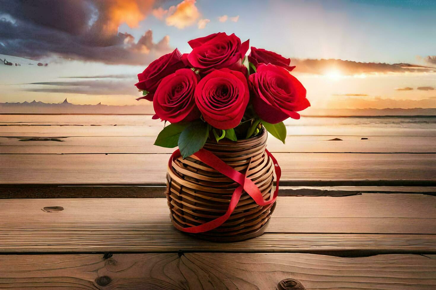 roses in a vase on a wooden table with sunset in the background. AI-Generated photo