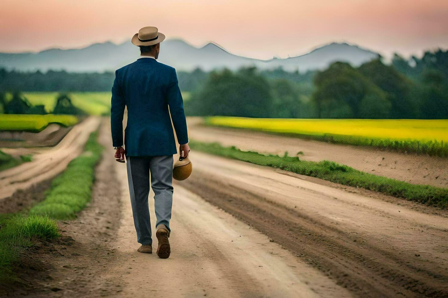 a man in a suit and hat walks down a dirt road. AI-Generated photo