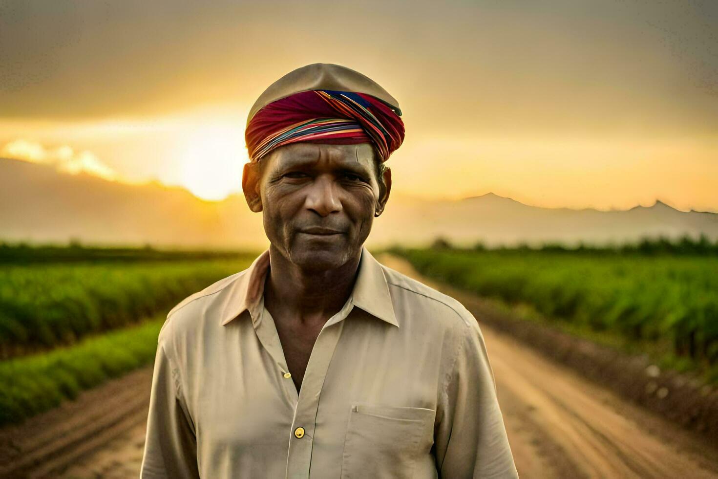 a man standing in a field with a sunset in the background. AI-Generated photo