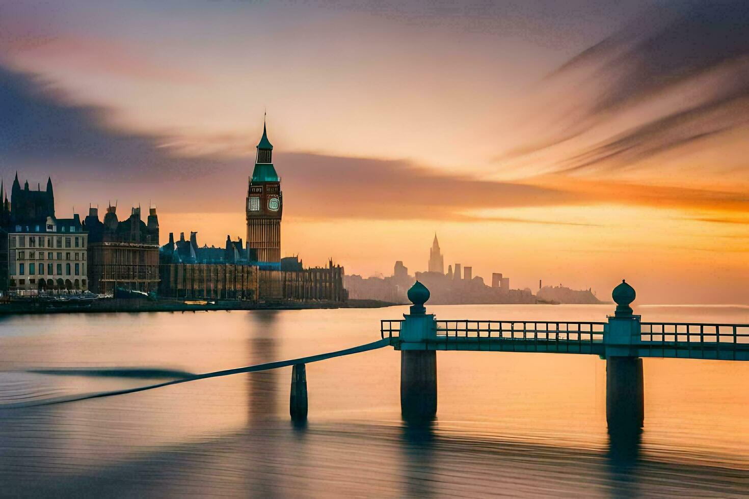 the sun rises over the river thames and big ben in london. AI-Generated photo