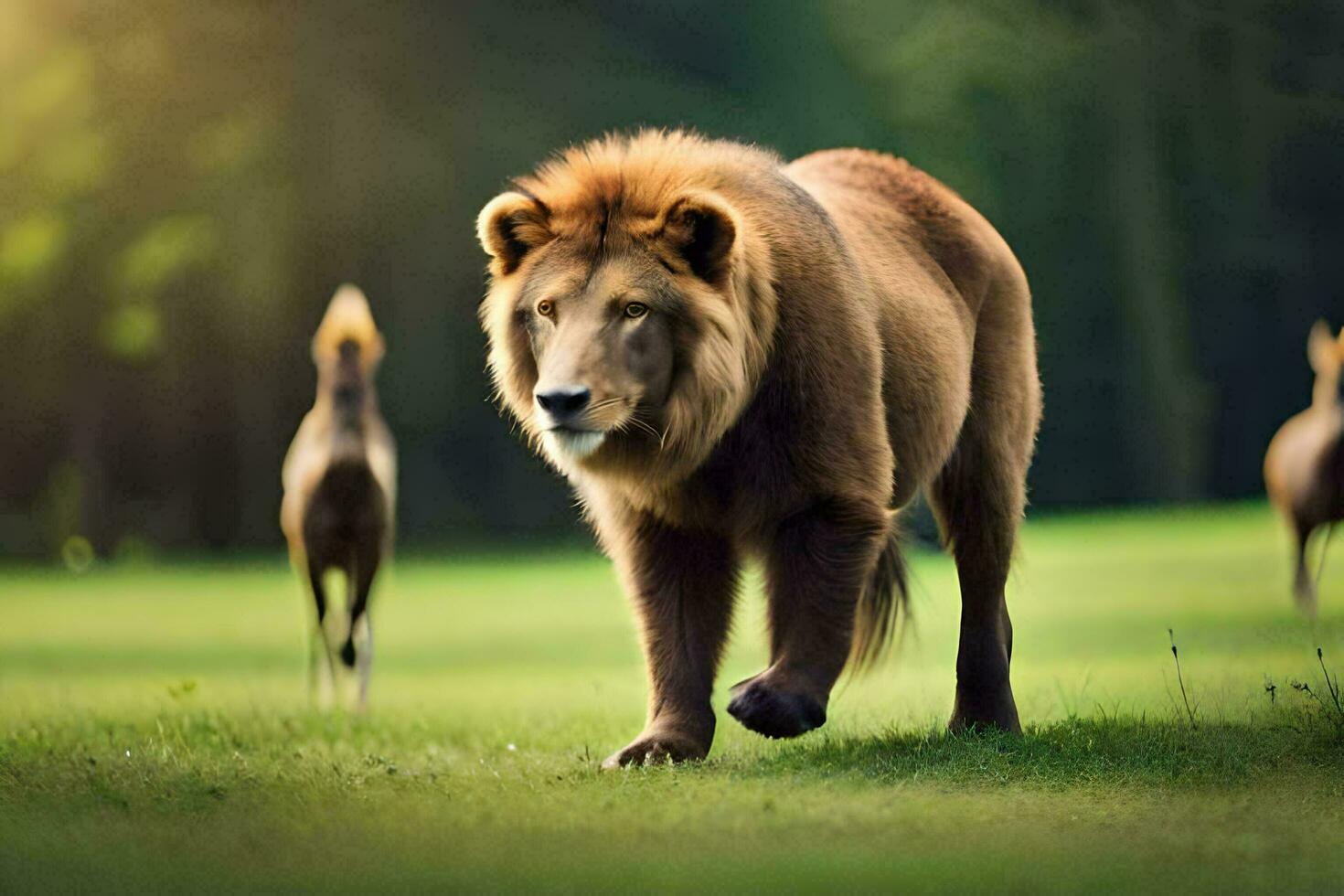 a lion walking in the grass with other animals. AI-Generated photo