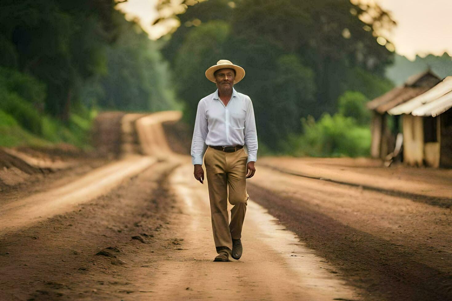 a man in a hat walks down a dirt road. AI-Generated photo