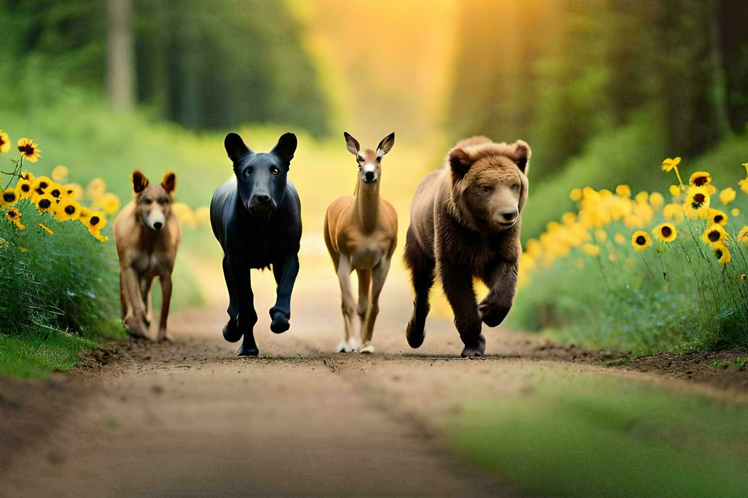 Tres osos y un ciervo corriendo abajo un suciedad la carretera. generado por ai foto