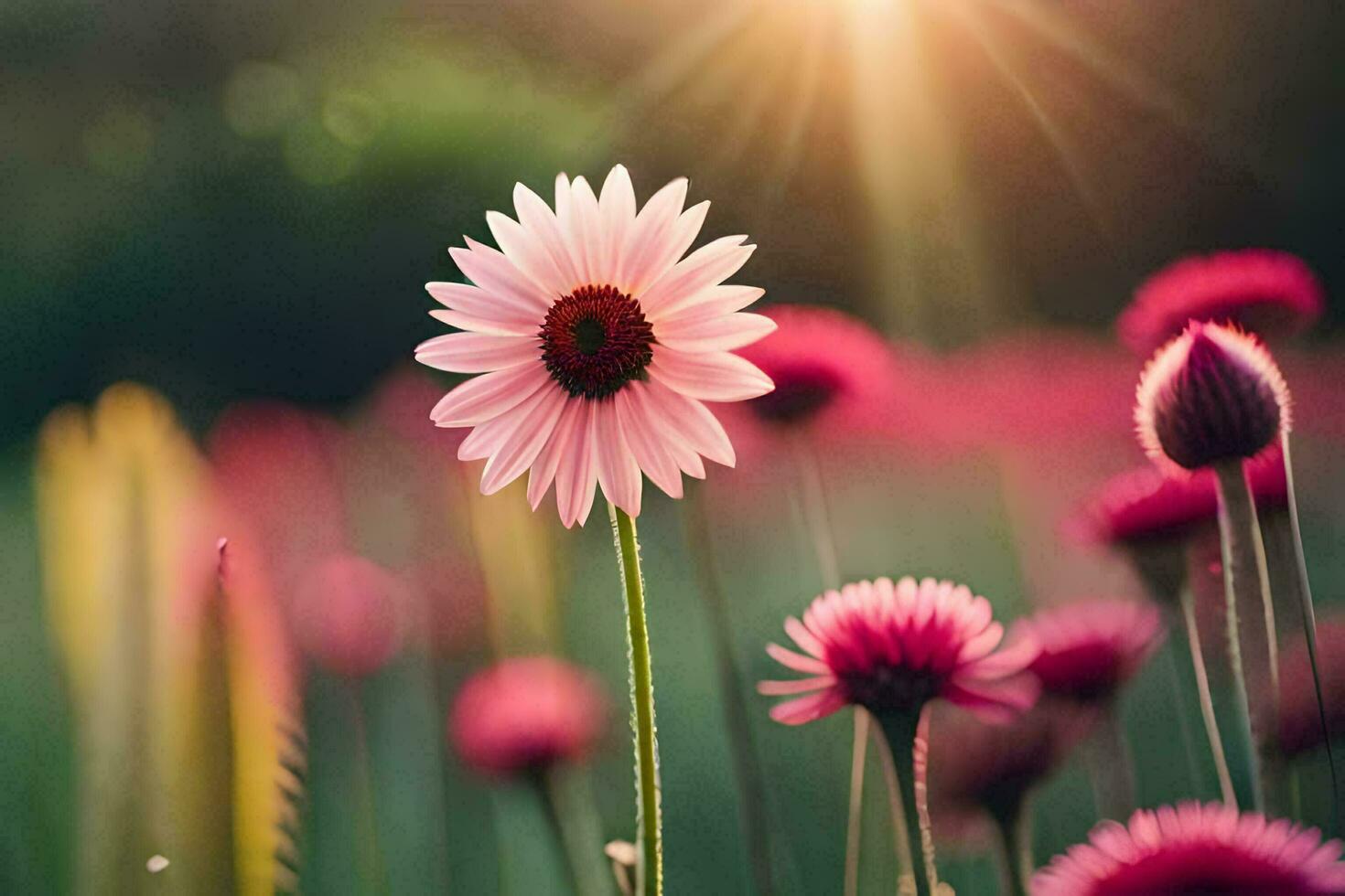 pink flowers in a field with sun shining. AI-Generated photo