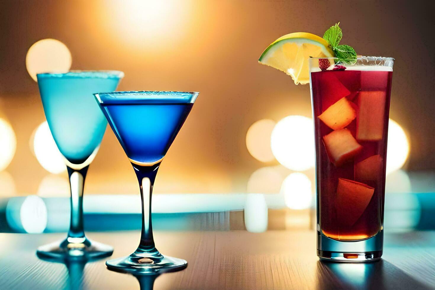 three different colored cocktails sit on a table. AI-Generated photo