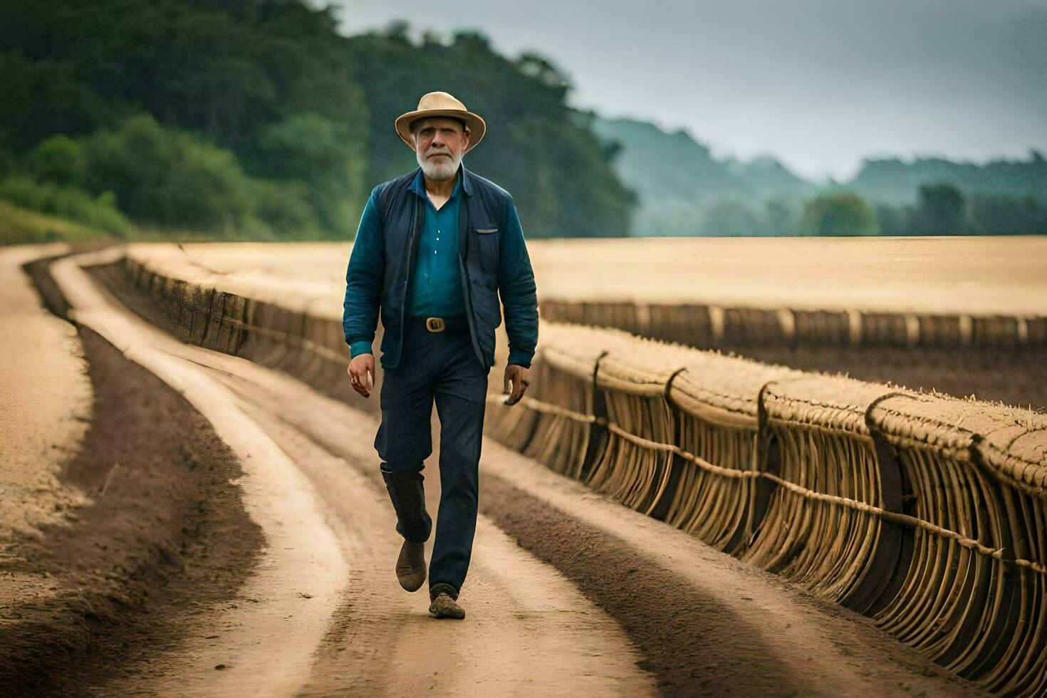 un más viejo hombre caminando abajo un suciedad la carretera. generado por ai foto