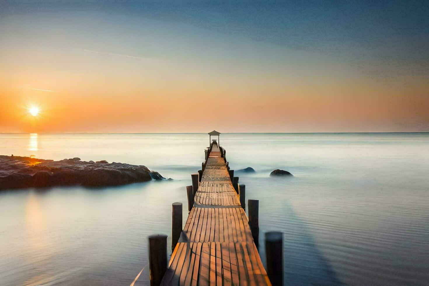 a long exposure photo of a pier in the ocean. AI-Generated