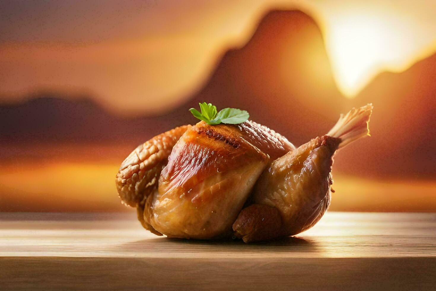 a chicken on a wooden table with a sunset in the background. AI-Generated photo
