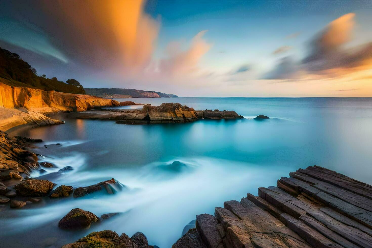 un largo exposición fotografía de el Oceano a puesta de sol. generado por ai foto