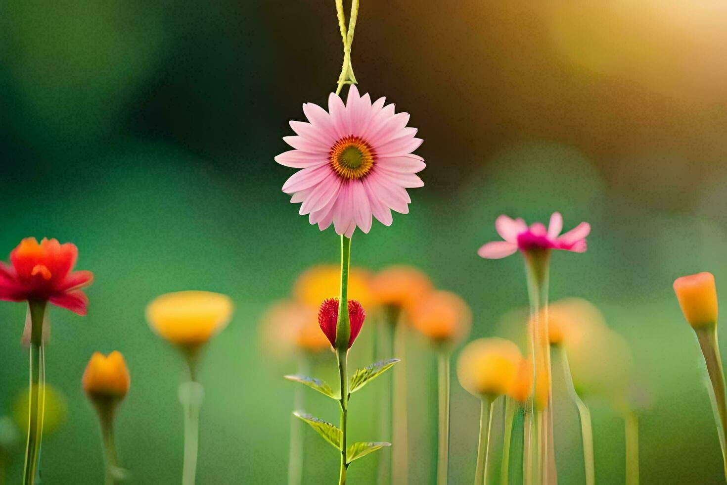 a pink flower is hanging from a string in a field. AI-Generated photo