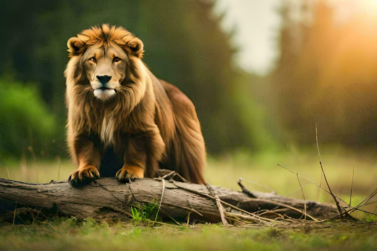 a lion is sitting on a log in the middle of a field. AI-Generated photo