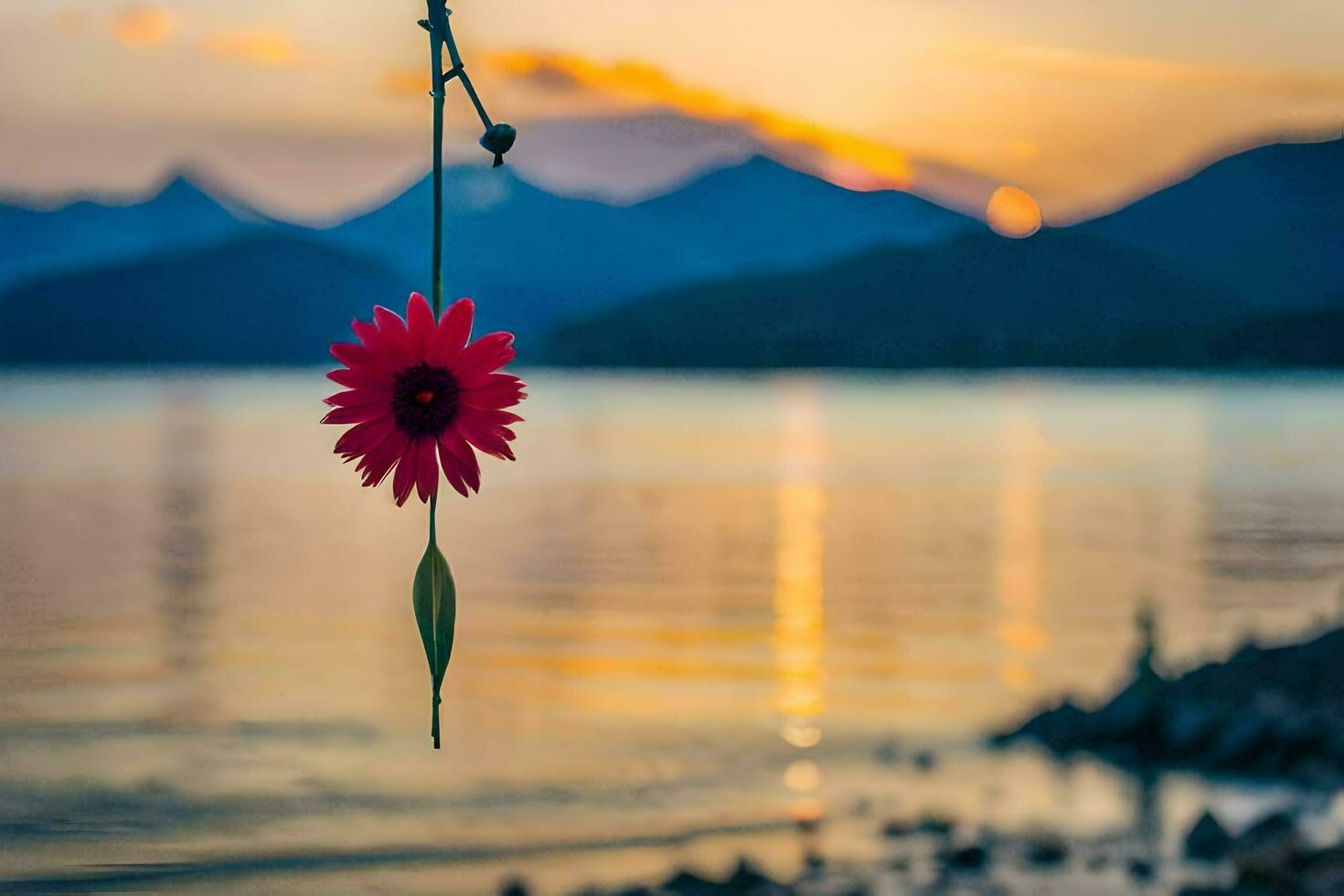 a red flower hanging from a branch over a lake. AI-Generated photo