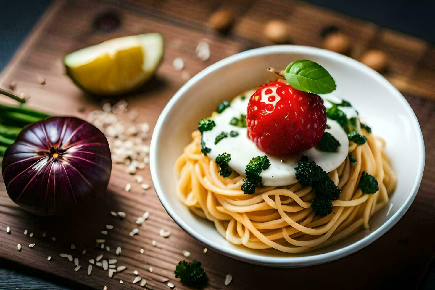 spaghetti with cream cheese and basil on a wooden board. AI-Generated photo