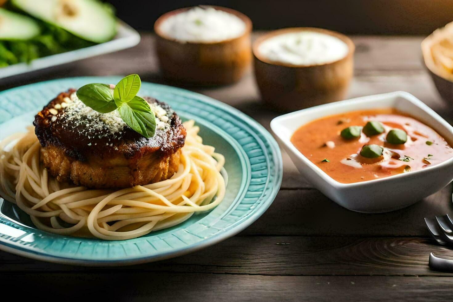 a plate of spaghetti and meatballs with a bowl of tomato sauce. AI-Generated photo