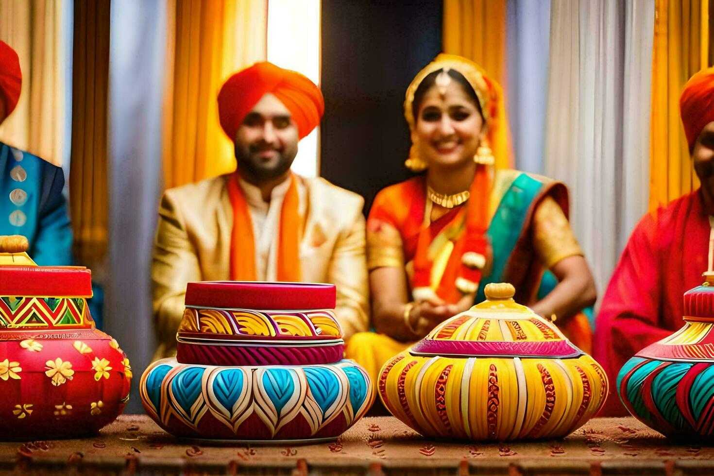 a couple and their friends in colorful turbans. AI-Generated photo