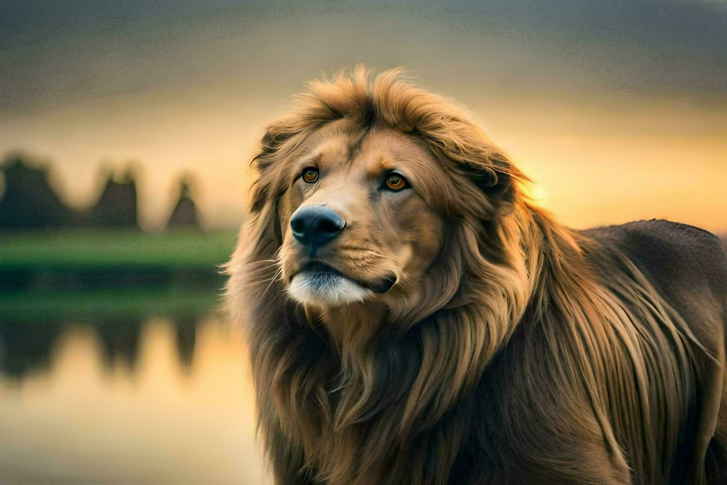 a lion standing in front of a lake at sunset. AI-Generated photo