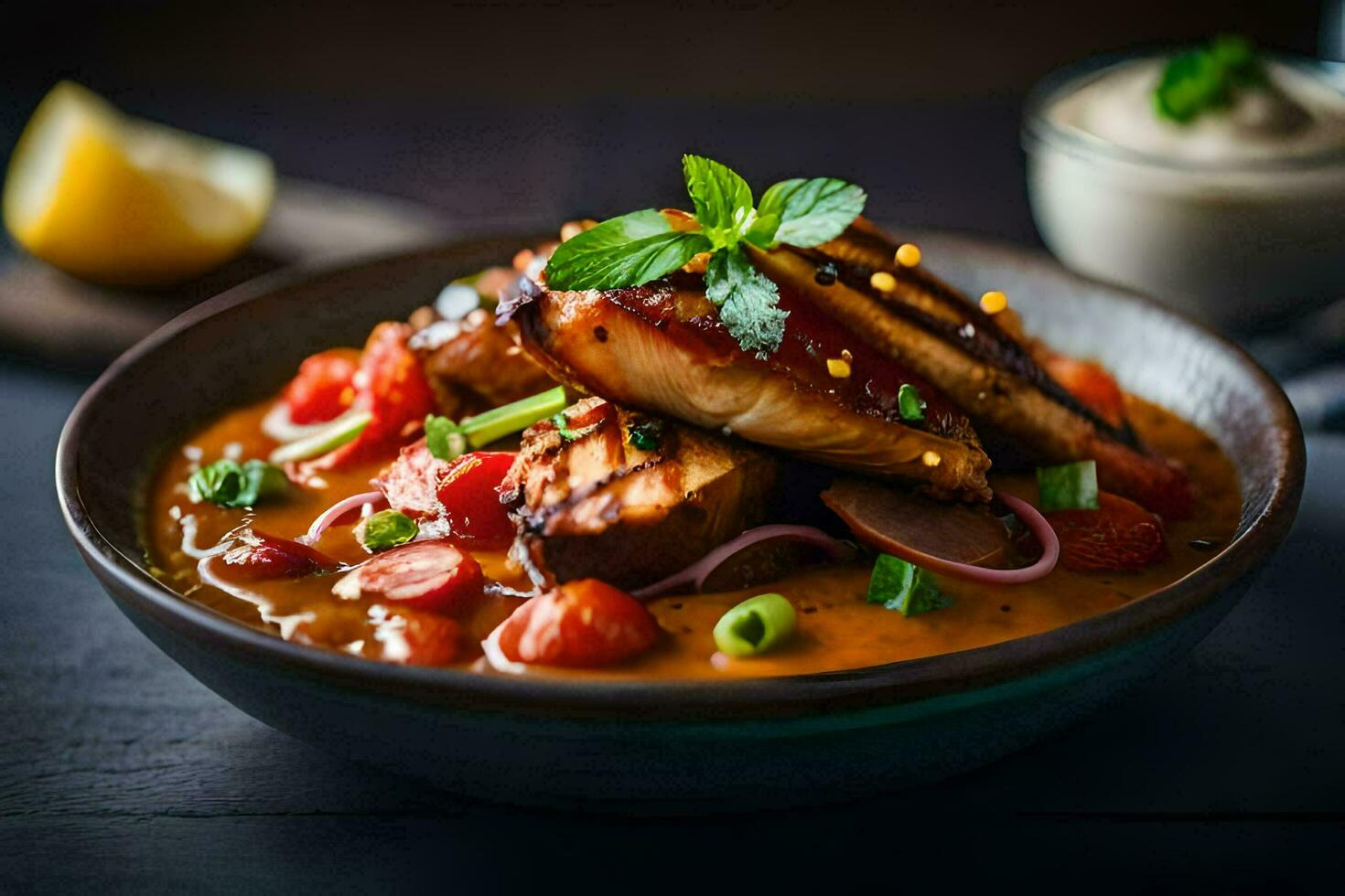 un cuenco de salmón con Tomates y limón porciones. generado por ai foto