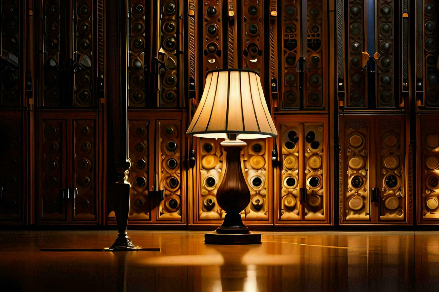 a lamp is sitting on a table in front of a wall. AI-Generated photo