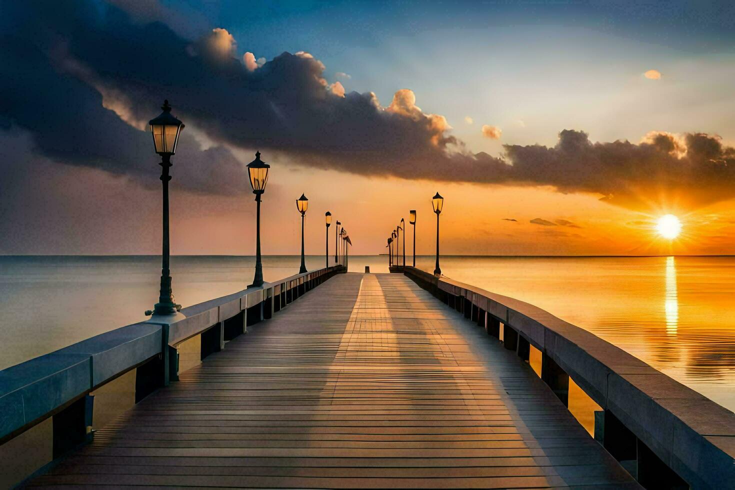 a pier with a sunset over the water. AI-Generated photo