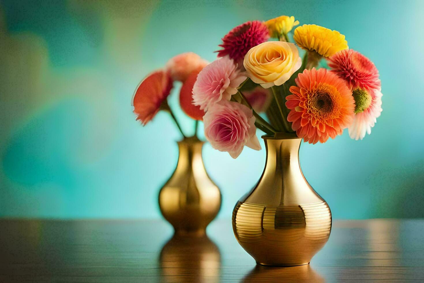 two vases with colorful flowers in them on a table. AI-Generated photo