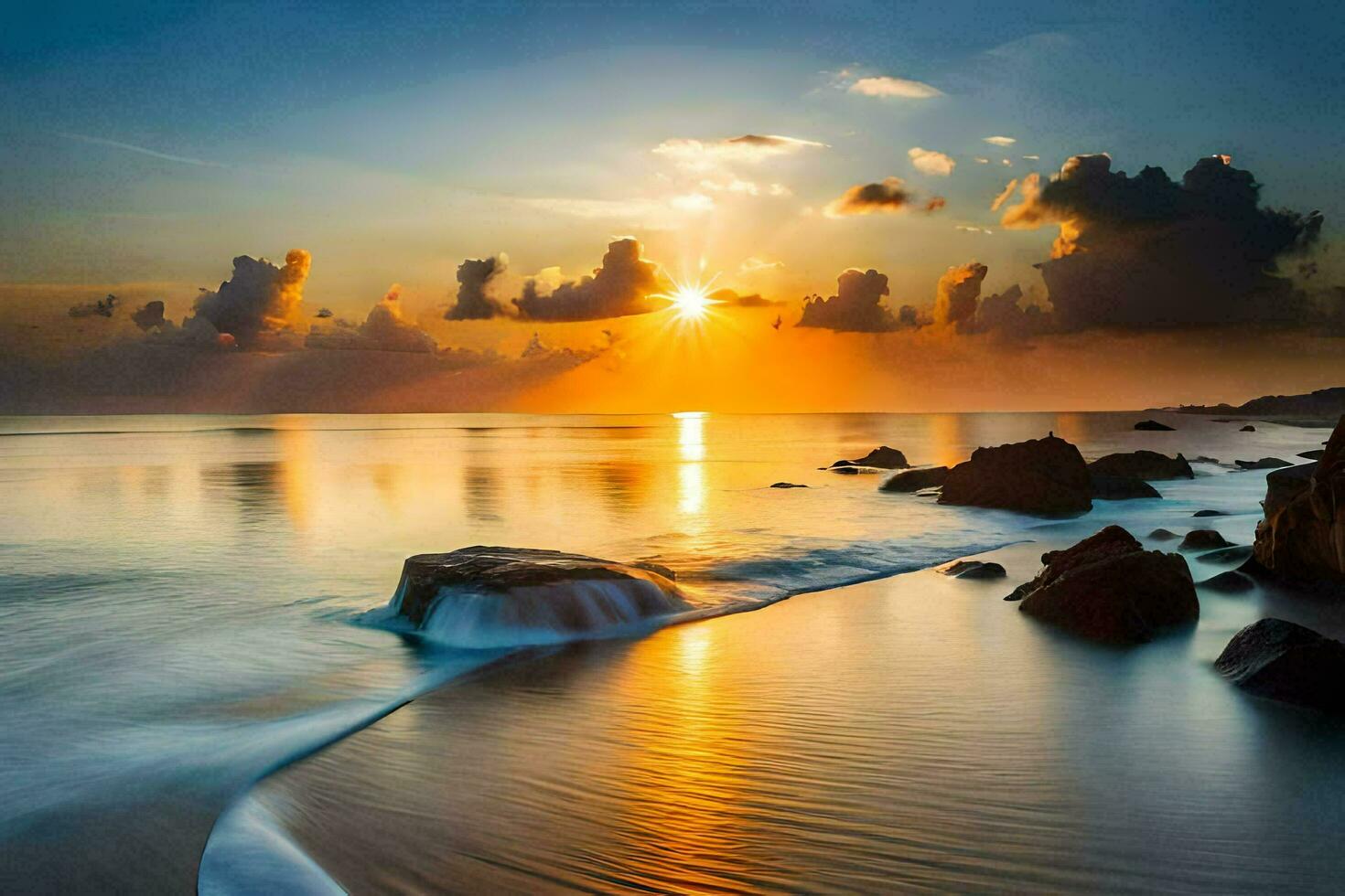 sunset on the beach, rocks, water, hd wallpaper. AI-Generated photo