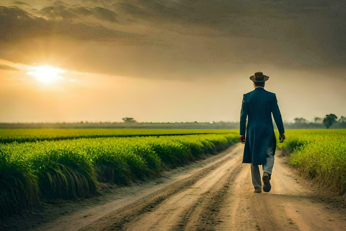 a man in a suit walks down a dirt road in a rice field. AI-Generated photo
